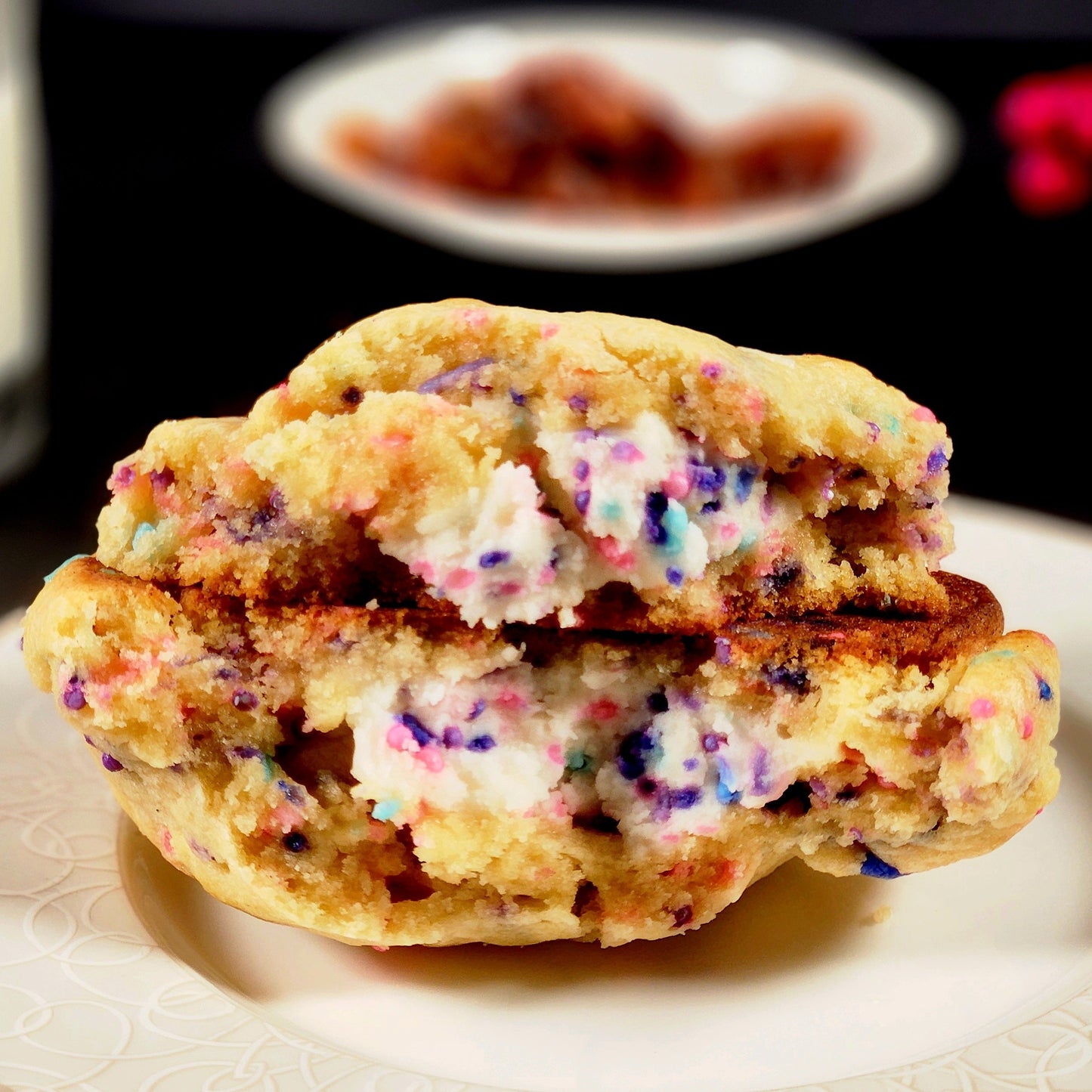 Funfetti cookies stuffed with vanilla funfetti frosting